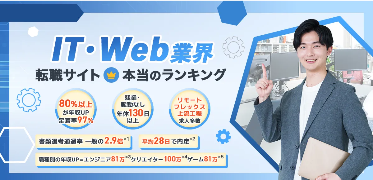 編集部が50社を徹底検証 IT•Web業界 転職サイト　本当のランキング 80%以上が年収UP定着率97% 残業・転勤なし年休130日以上 リモートフレックス上流工程求人多数